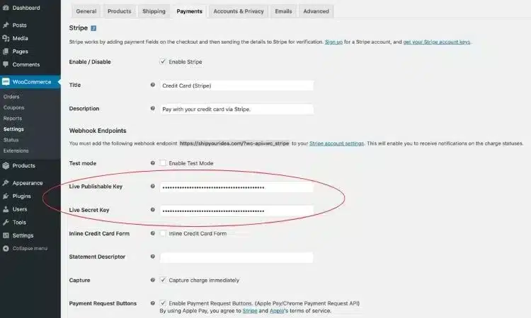 Introduce claves para Stripe en WooCommerce